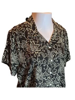 ALLYSON WHITMORE PETITE Black & Cream Print Button Up Blouse Size PL